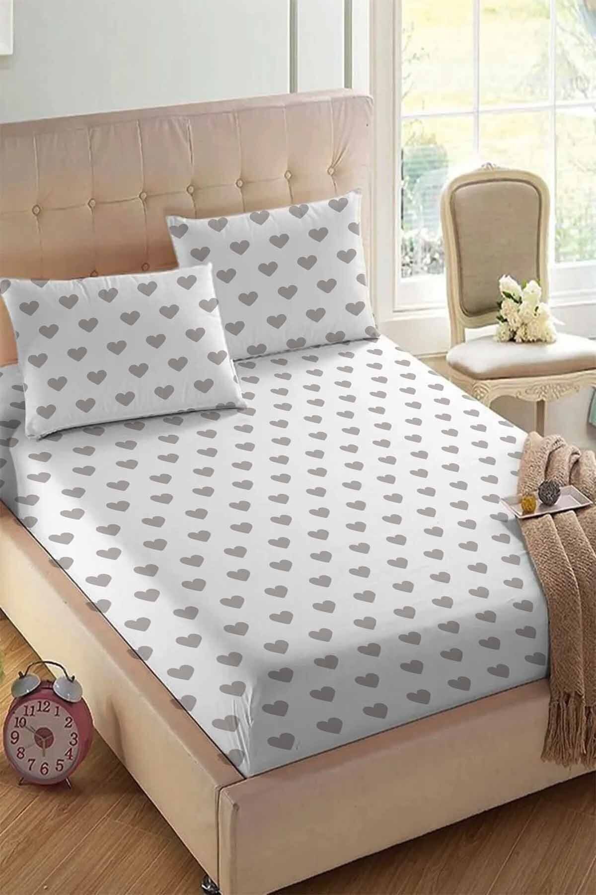 Else Dekor-Else White Gray Heart Patterned Elastic Double Elastic Pillowed Sheet Set 160x200cm 1