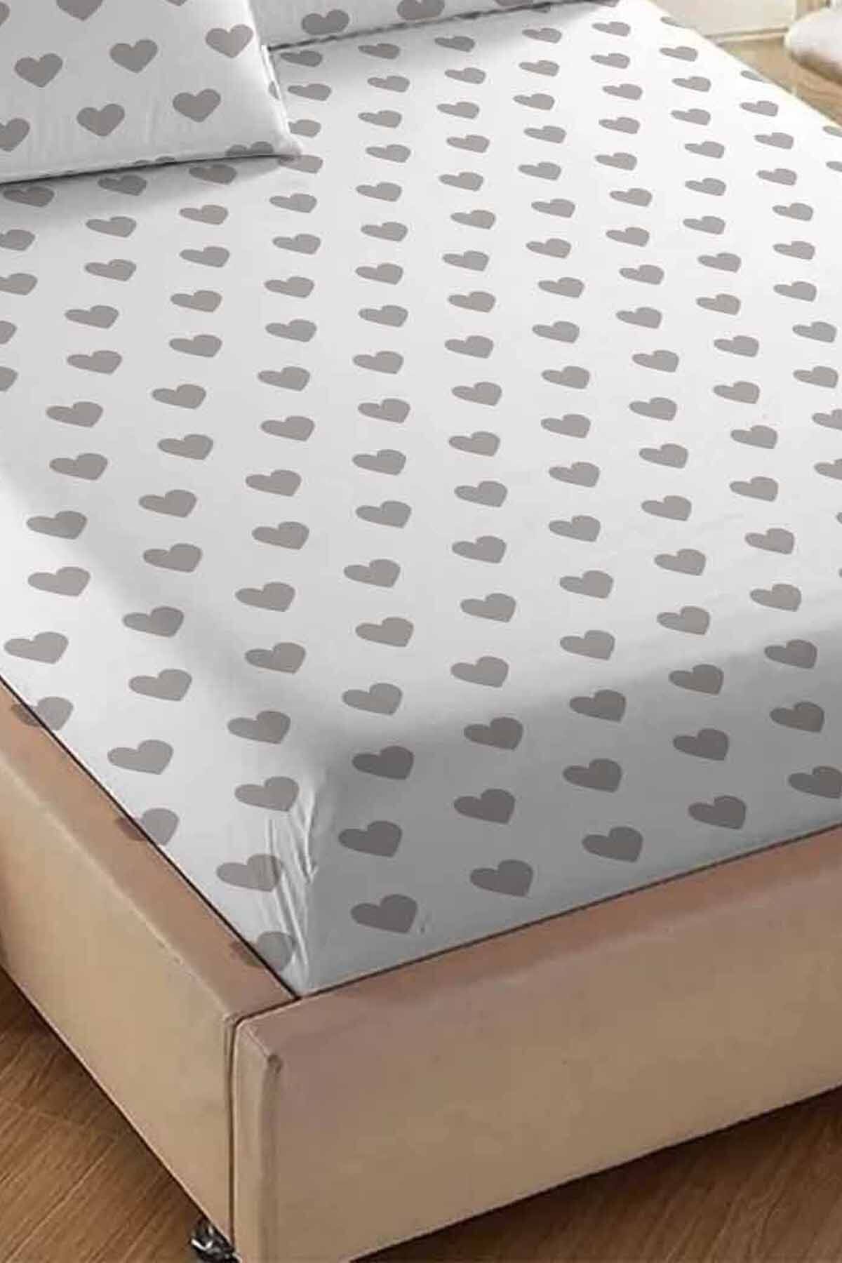 Else Dekor-Else White Gray Heart Patterned Elastic Double Elastic Pillowed Sheet Set 160x200cm 3