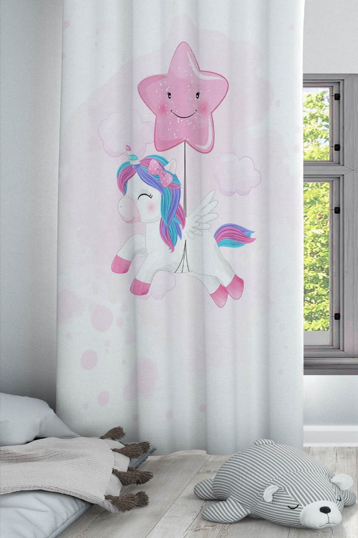 Else Dekor Cortina De Fundal Pentru Copii Și Bebeluși Cu Modele De Unicorn Cu Stea Zburătoare - 140 x 260