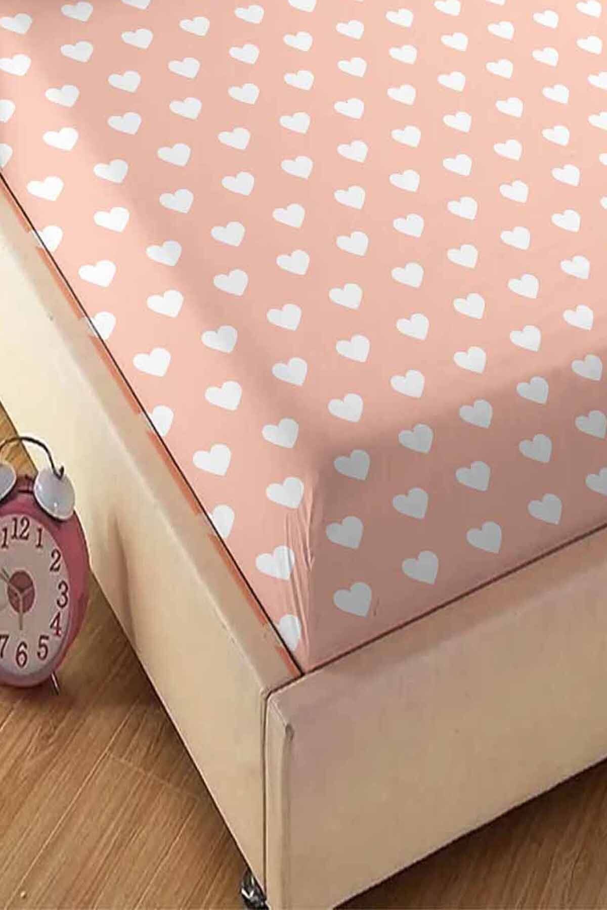 Else Dekor-Yavruağzı Pink White Heart Patterned Elastic Single Pillowed Elastic Sheet Set 90x190cm 3