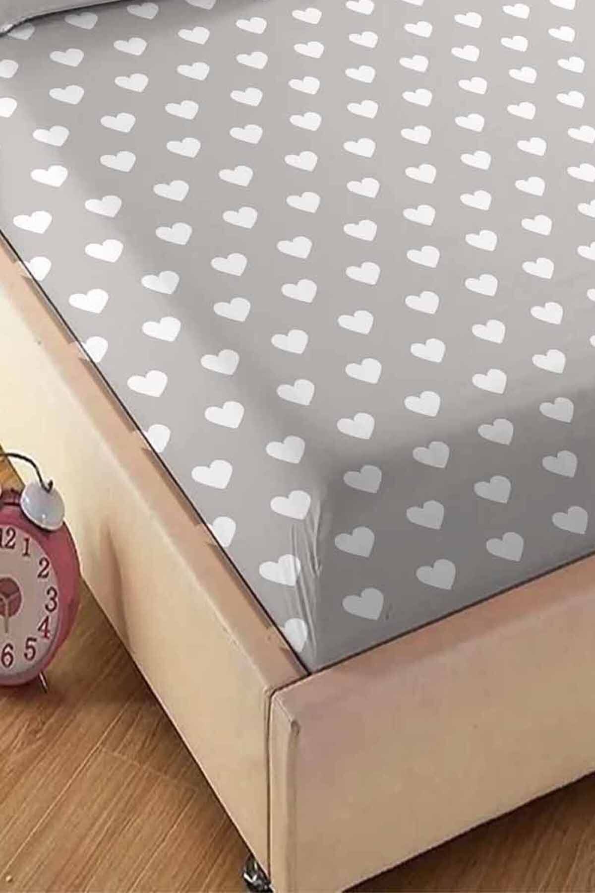 Else Dekor-Gray White Heart Patterned Elastic Single Pillowed Elastic Sheet Set 90x190cm 3