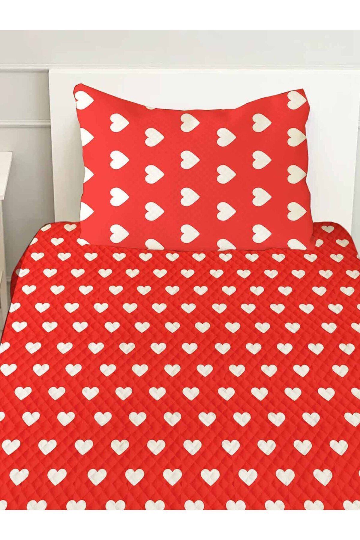 Else Dekor-Red Heart Patterned Single Pillowed Printed Bedspread Pique Set 160x220cm 3