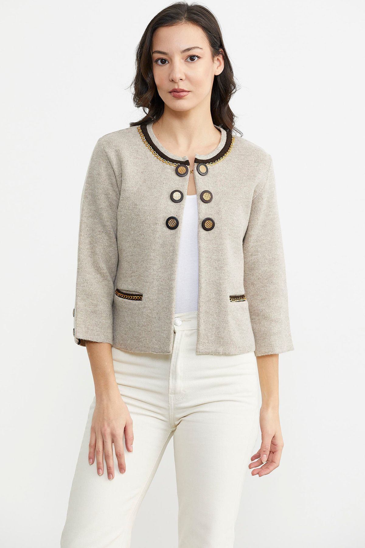 Sementa  Zincir Detaylı Kalın Yünlü Triko Ceket - Vizon - Kahverengi