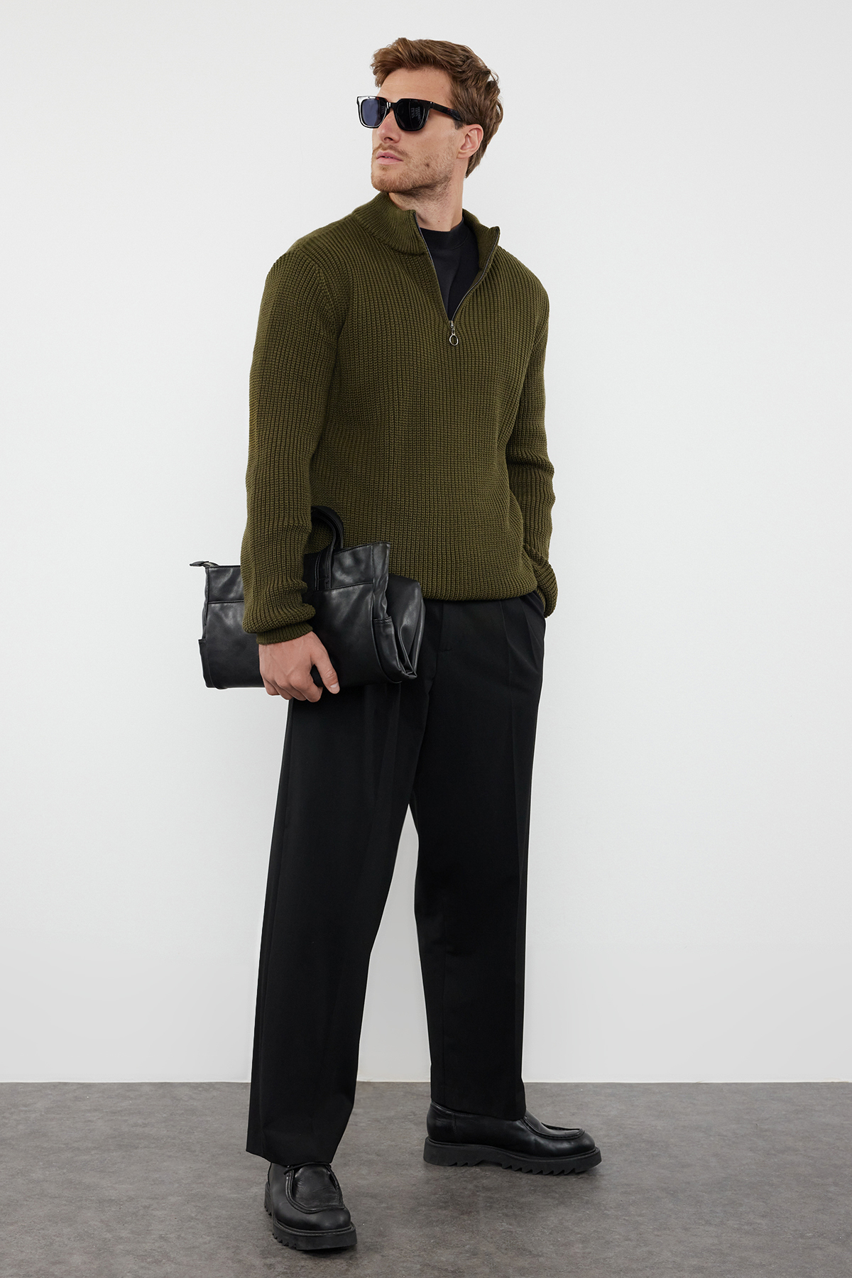  trendyolmilla man haki casual regular yar?m bal?kç? yaka düz triko kazak