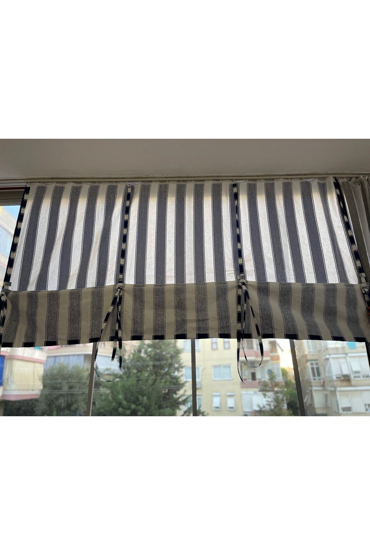 Görgülü Shop-String Traction Height Adjustable Blue White Striped Balcony Curtain Thick Fabric 4