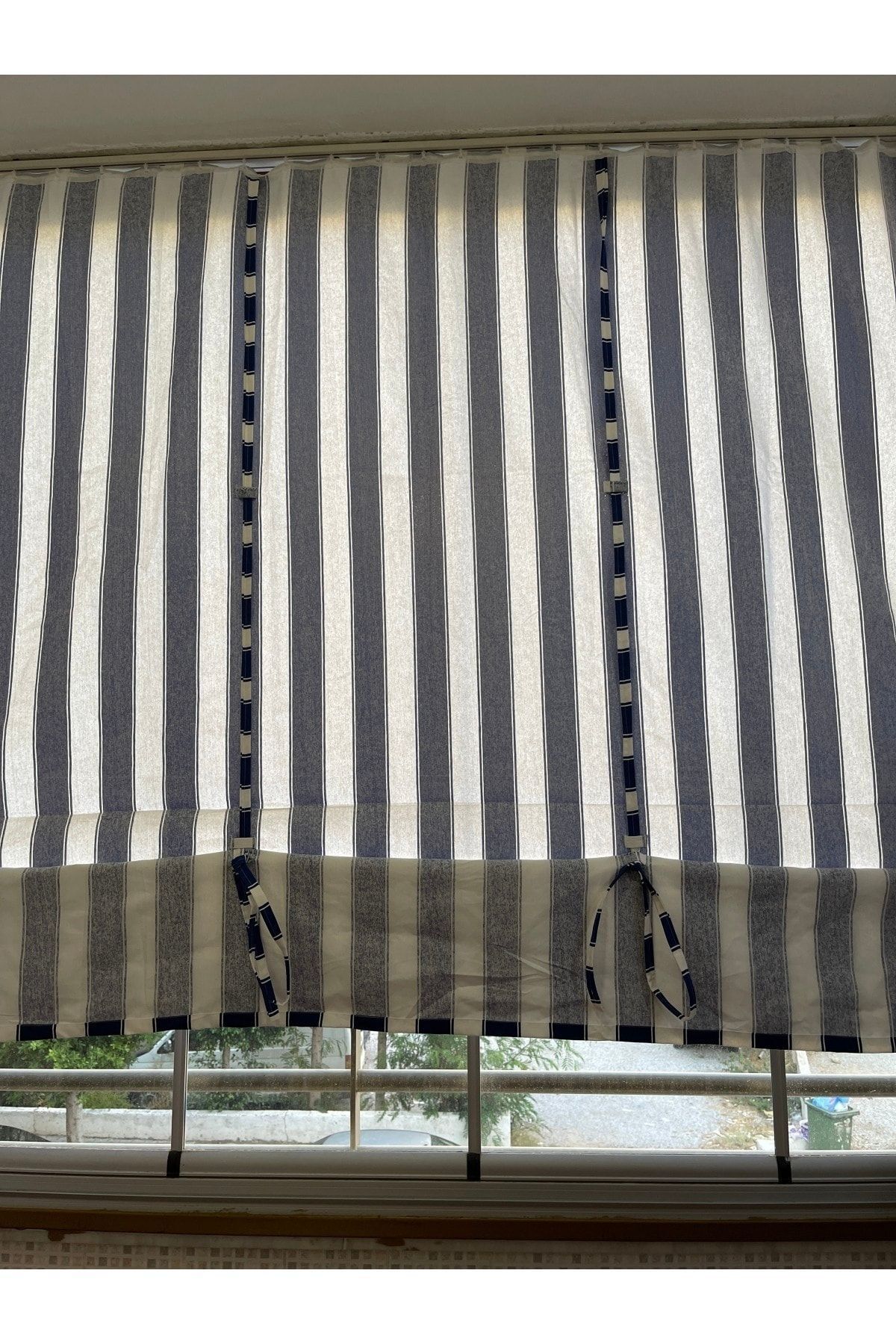 Görgülü Shop-String Traction Height Adjustable Blue White Striped Balcony Curtain Thick Fabric 1
