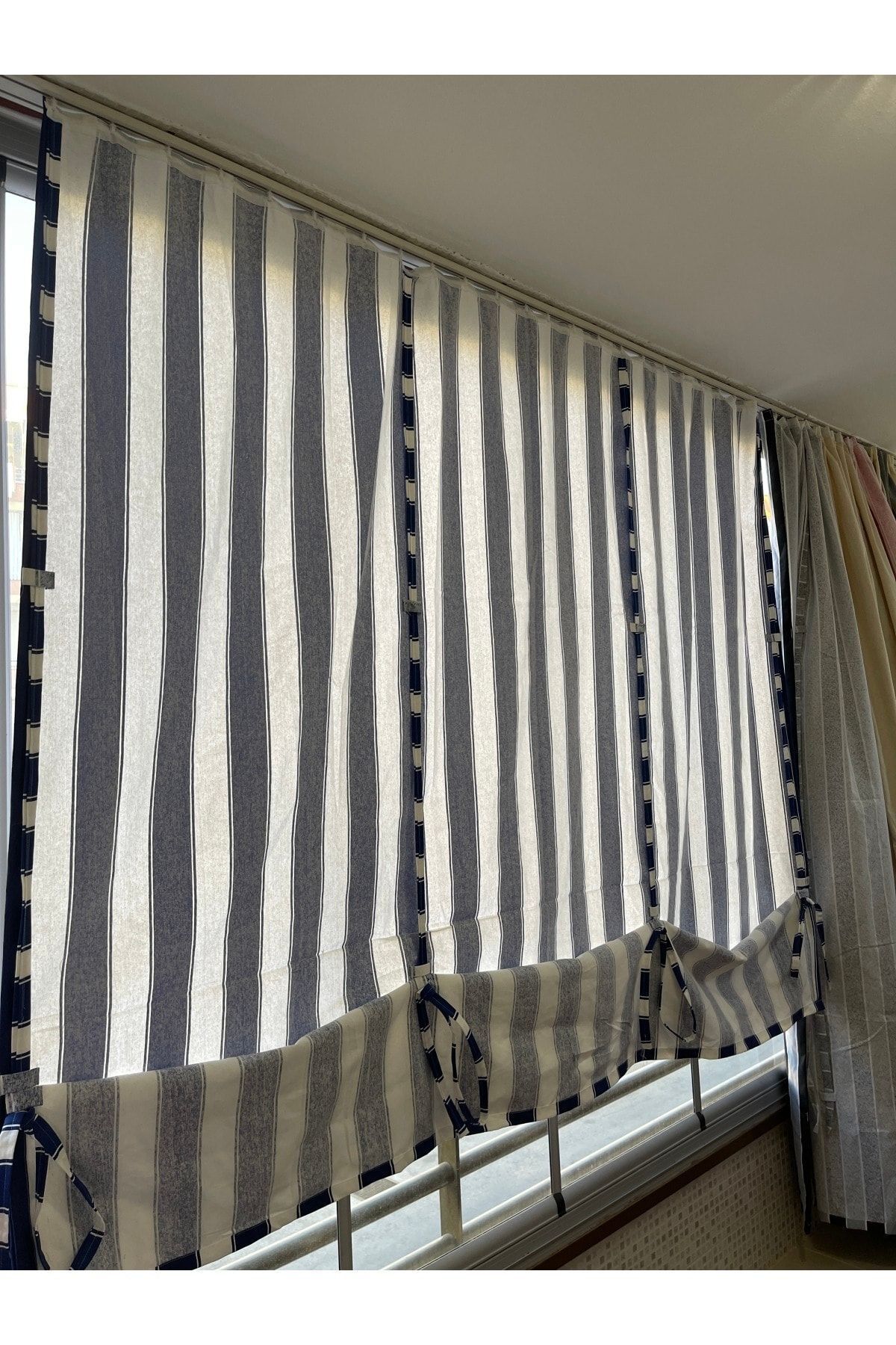 Görgülü Shop-String Traction Height Adjustable Blue White Striped Balcony Curtain Thick Fabric 2