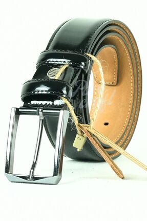 Parscraft Hakiki Deri Erkek Kemer 3,5 Cm Dikişli Rugan Siyah Klasik Kumaş Pan...