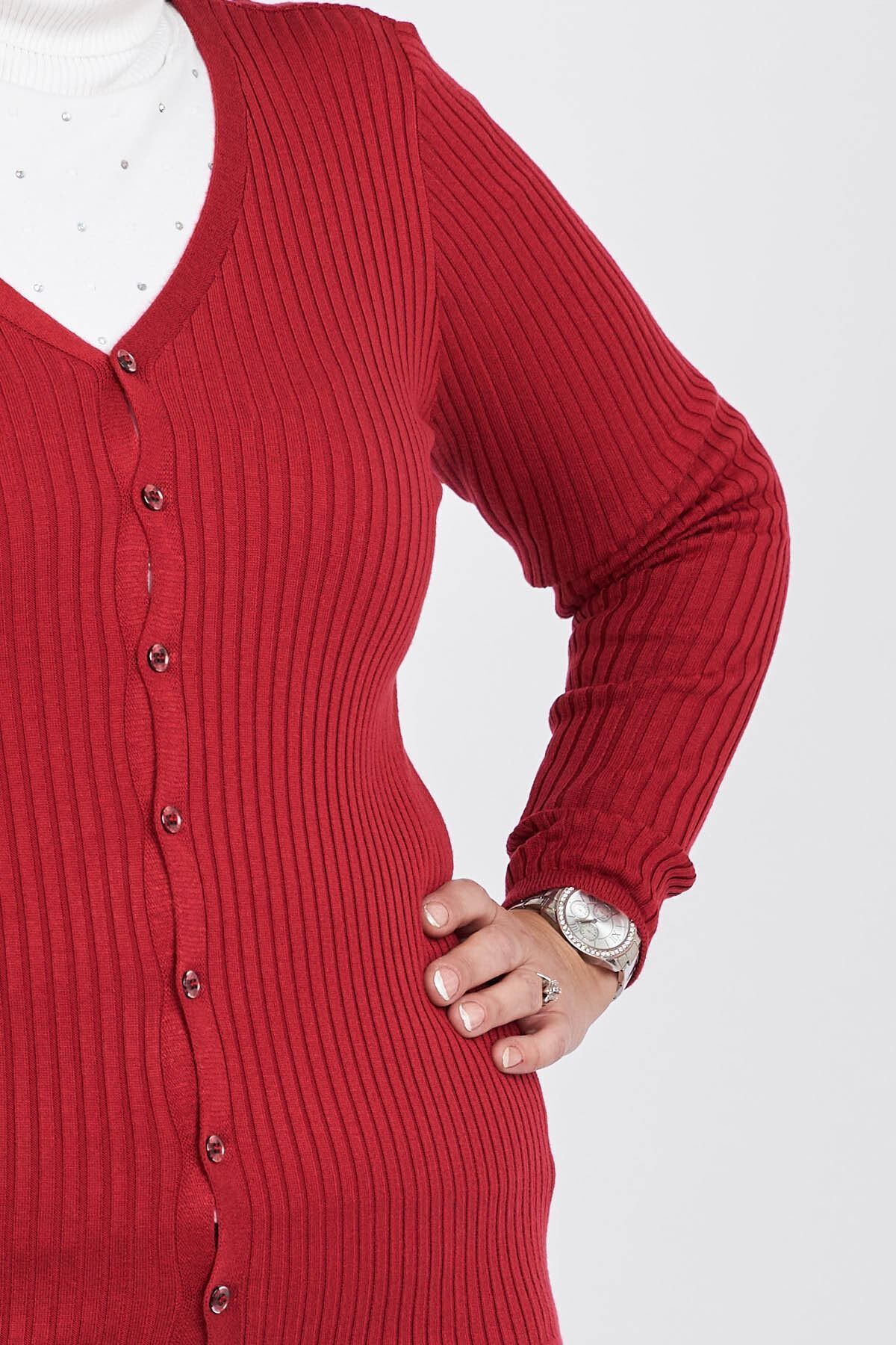 Büşra Triko-Women's Red Buttoned V-Neck Cardigan 3997258 4