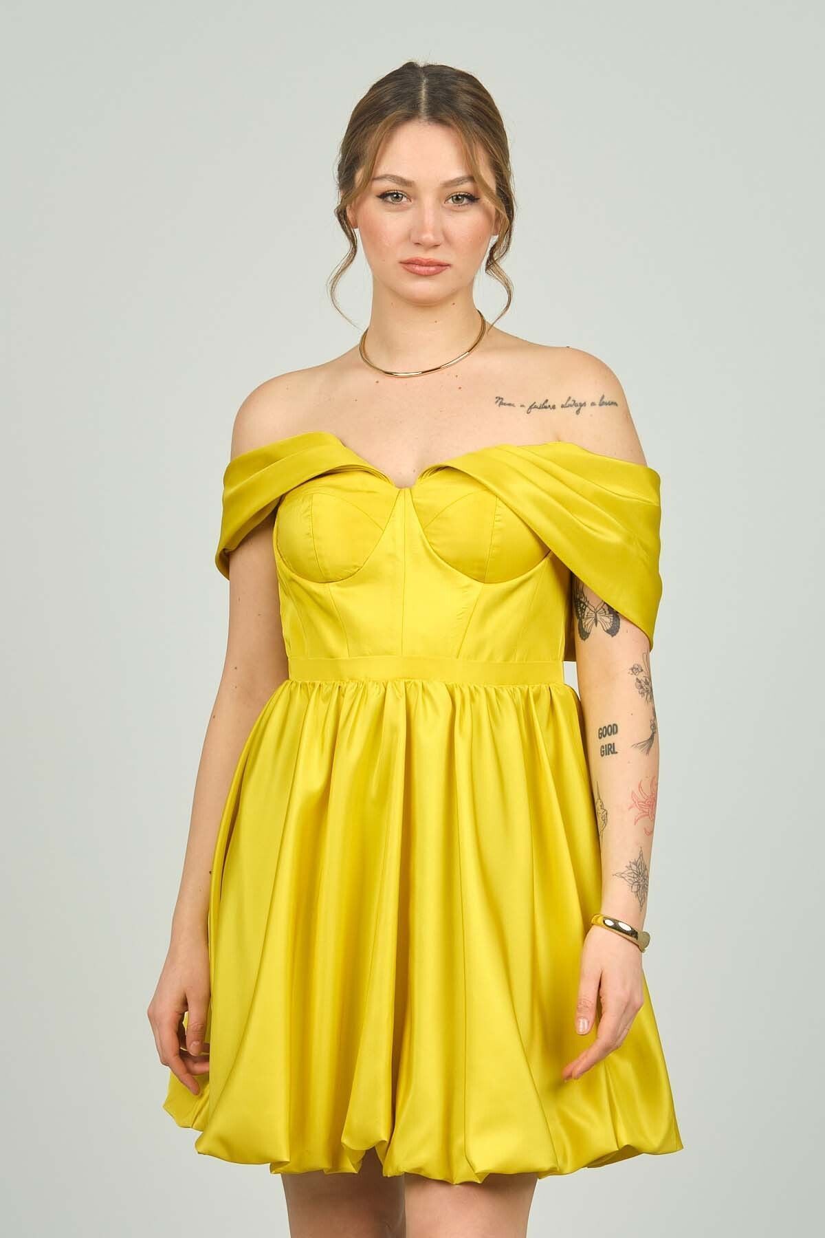 Saygın-Rochie de seară cu fustă balon cu umăr dezactivat pentru femei 3491 verde fistic 2