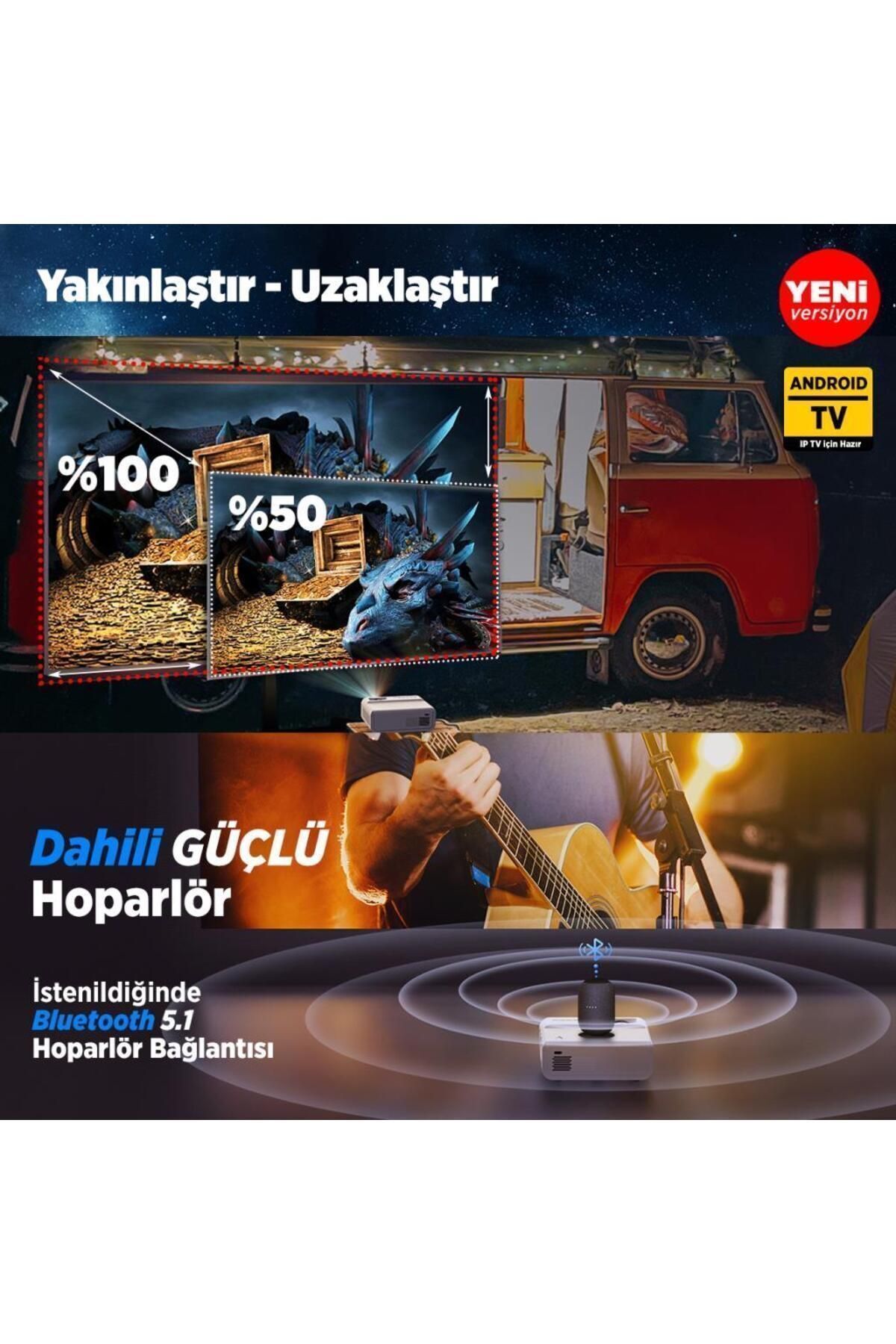 Sunspark 500w Android Tv 1080p Destekli Projeksiyon Cihazı 5g Wi-fi 5.1 Bluetooth
