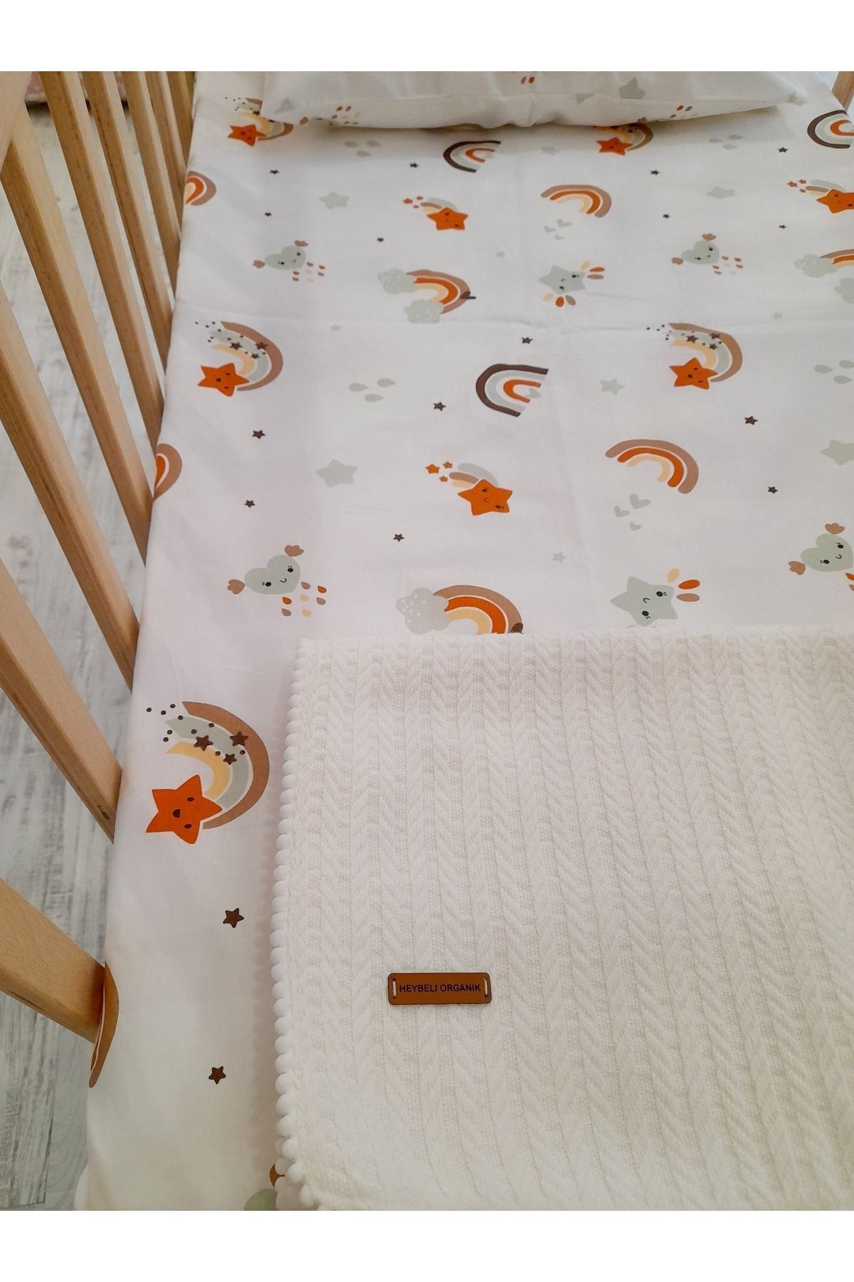 HEYBELİ ORGANİK %100 Pamuk Kumaş Bebek/çocuk Lastikli Çarşaf Takımı // Yastık Kılıfı Lastikli Çarşaf Ponponlu Pike fotoğrafı 3 (önizleme)