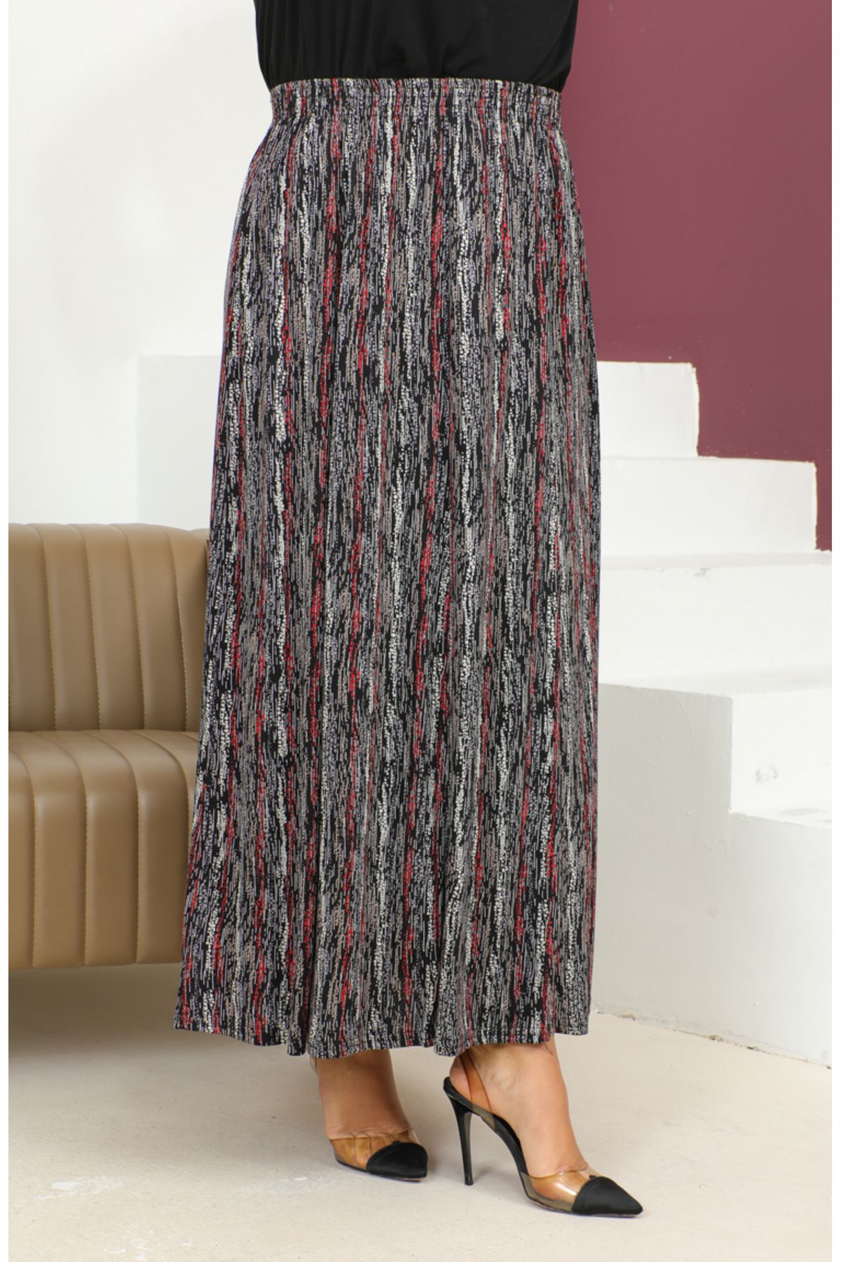 sefamerve-Claret Red Patterned Skirt - Plus Size, Elastic Waist, 2830C-02 2