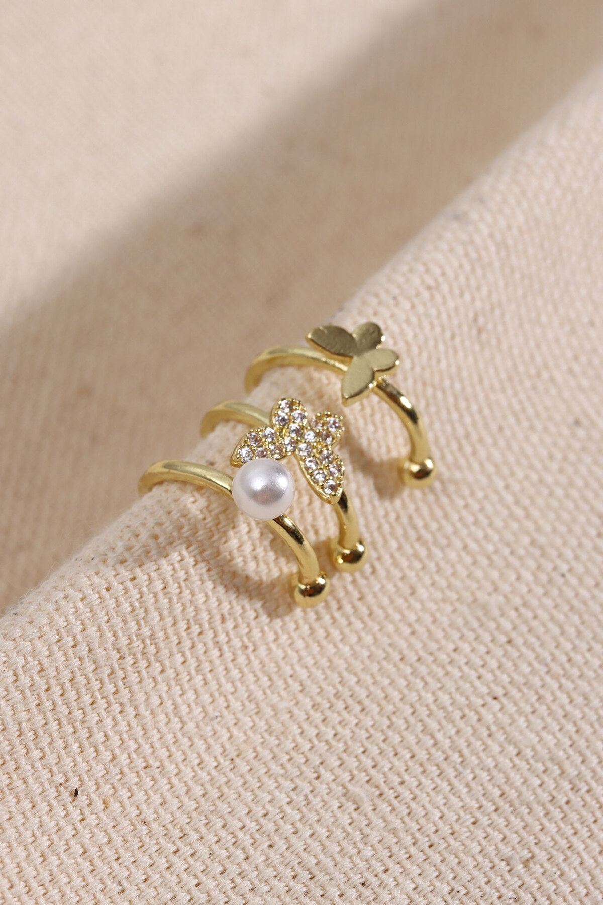 Gold Color Cartilage Earrings with 3-Piece Butterfly Shape