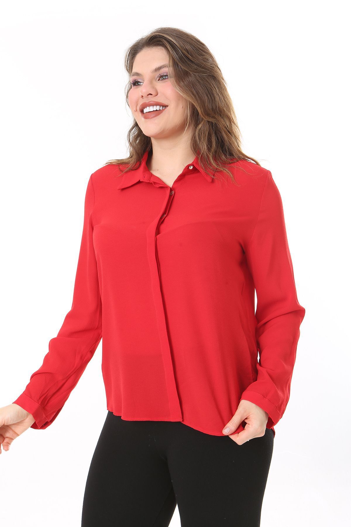 Şans-Red Plus Size Buttoned Blouse with Hidden Placket - 65N38019 5