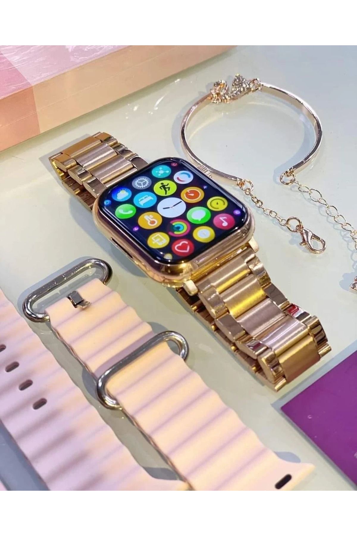 G9 Mini Rose Gold Bileklik Hediyeli Amoled Ekran 41mm Kadın Akıllı Saat 2024