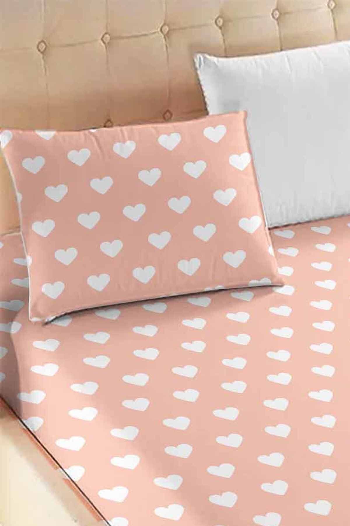 Else Dekor-Yavruağzı Pink White Heart Patterned Elastic Single Pillowed Elastic Sheet Set 90x190cm 2