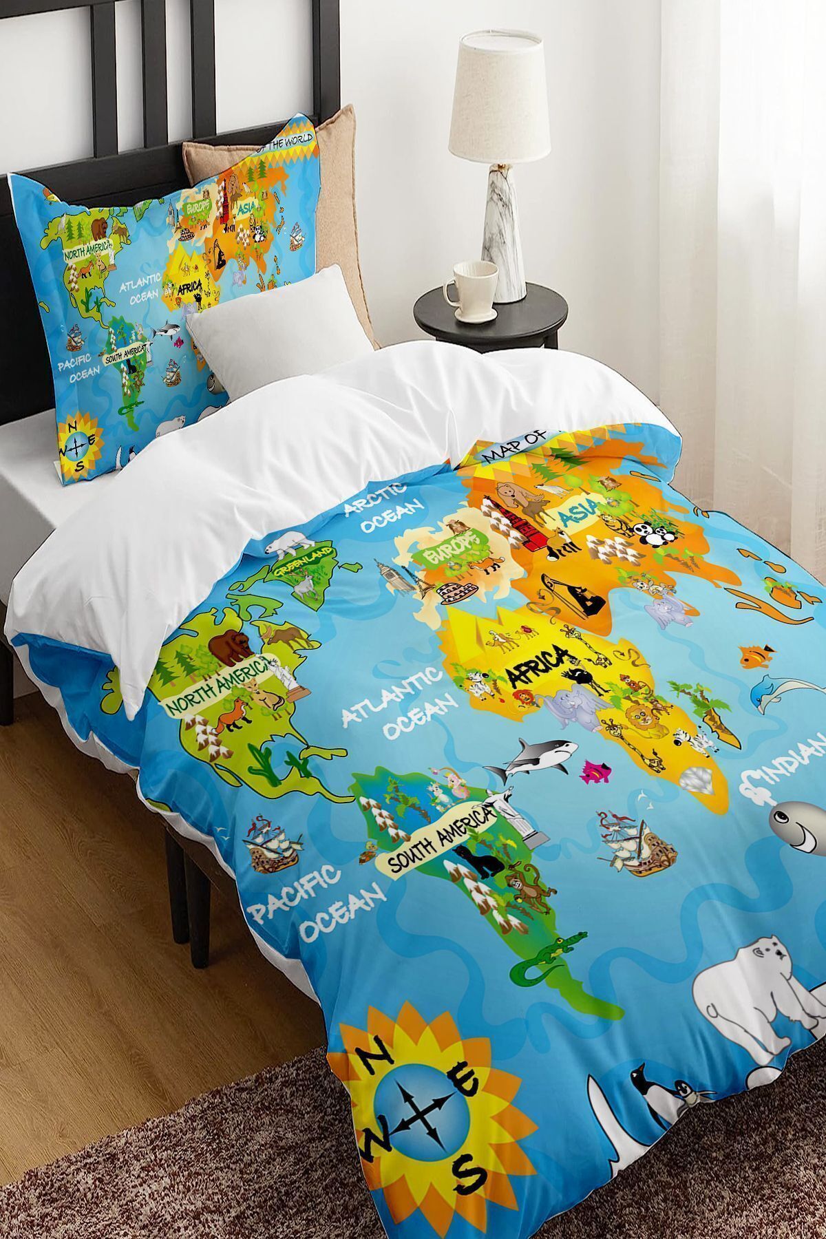 Else Halı-Single Patterned World Map Children's Bedding Set - Without Sheets 1