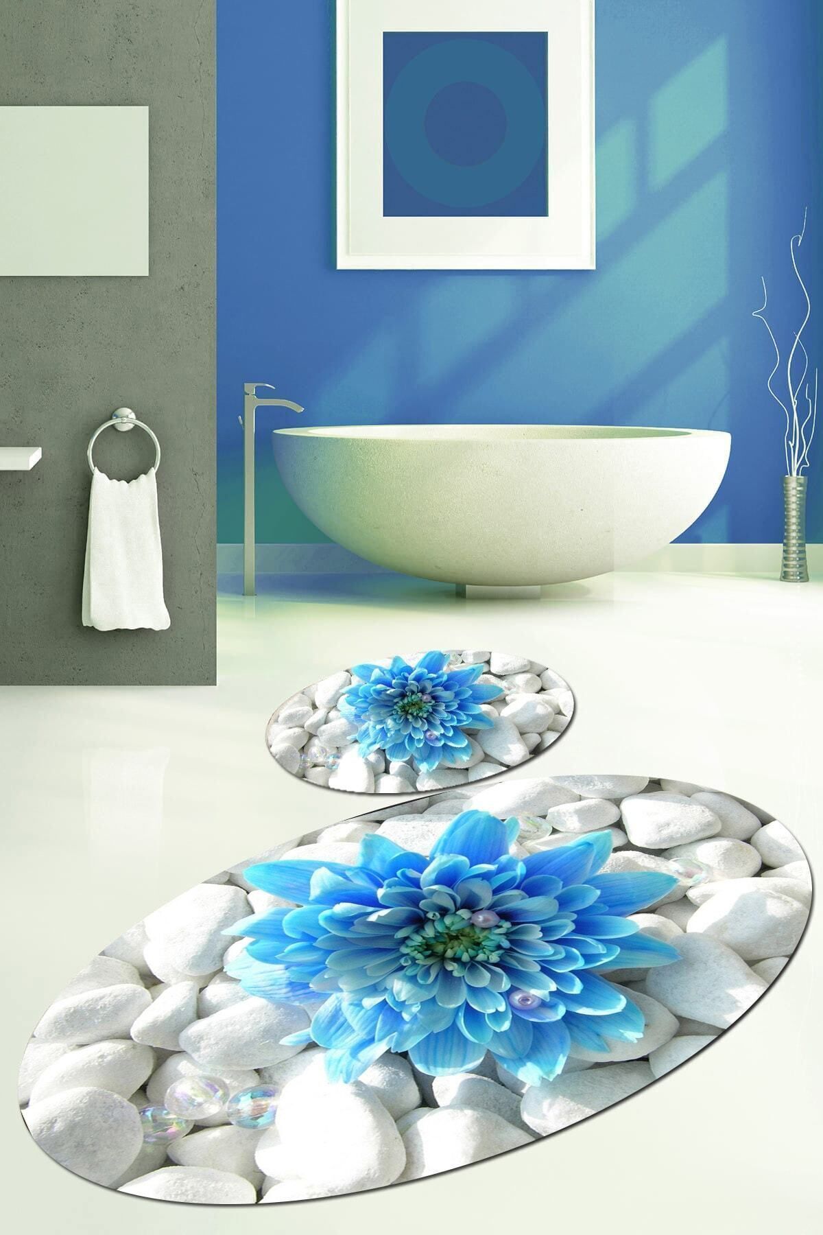 Else Halı Set Covoraș De Baie Oval 3d Kadser Blue Flower Set Vas De Toaletă - One Size