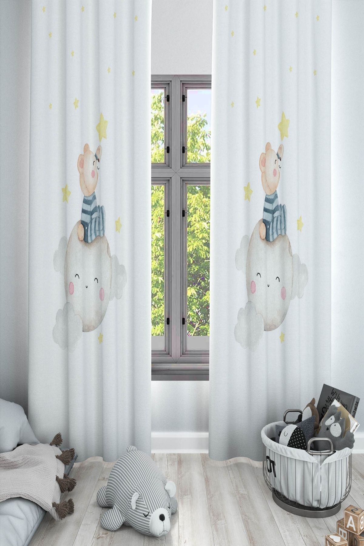 Else Dekor-Moon Star Patterned Sleepy Bear, Decorative Background Curtain Children's and Baby's Room 3