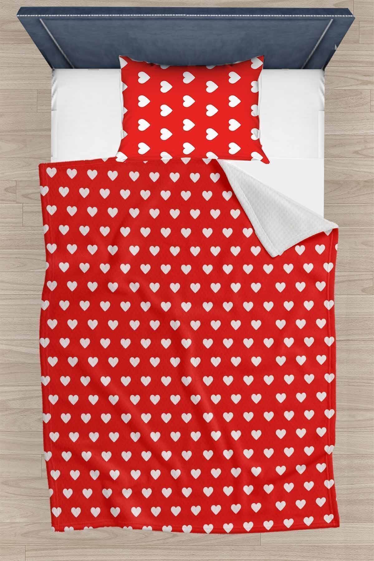 Else Dekor-Red Heart Patterned Single Pillowed Printed Bedspread Pique Set 160x220cm 1