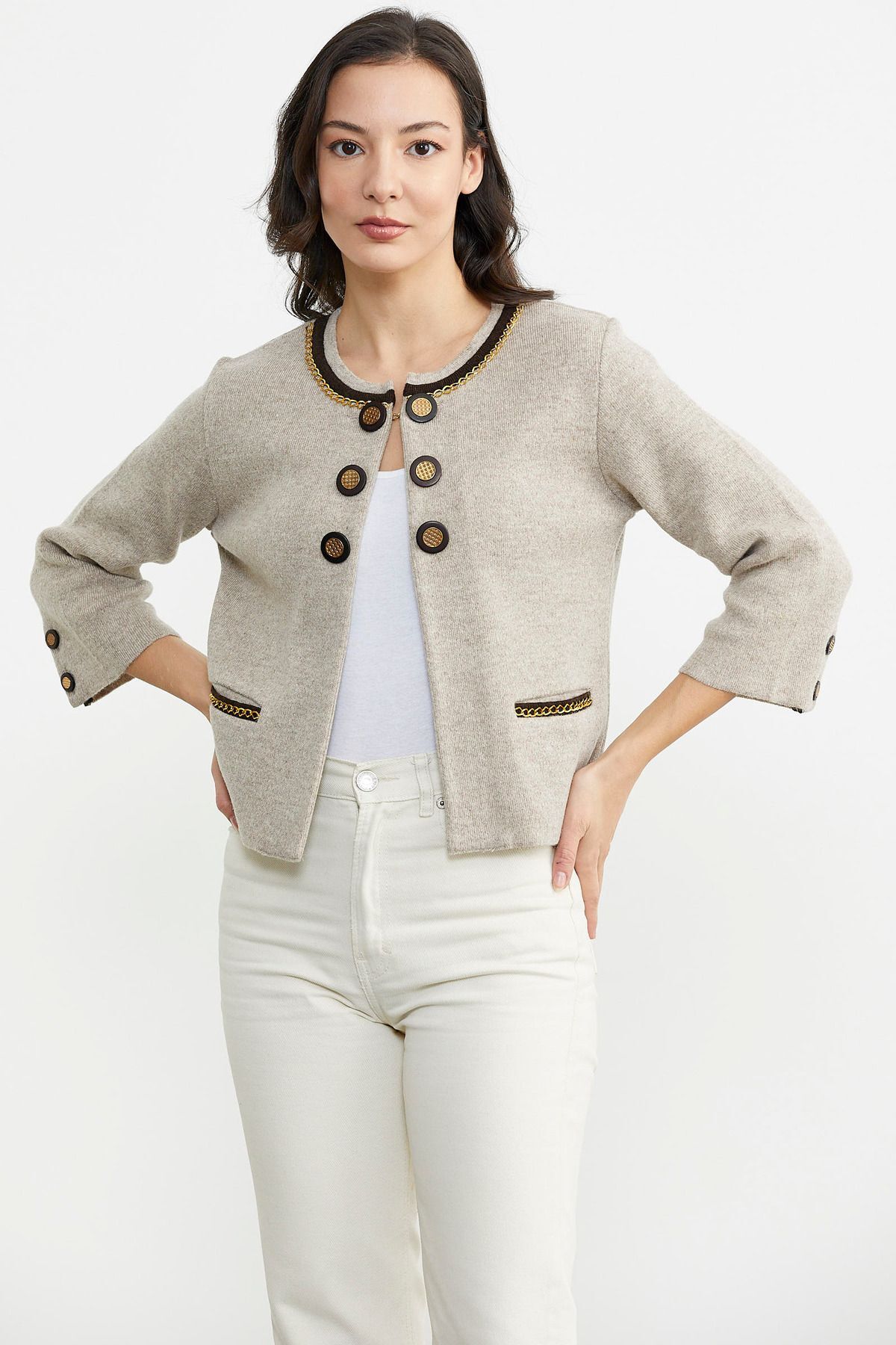 Sementa  Zincir Detaylı Kalın Yünlü Triko Ceket - Vizon - Kahverengi - Görsel 2