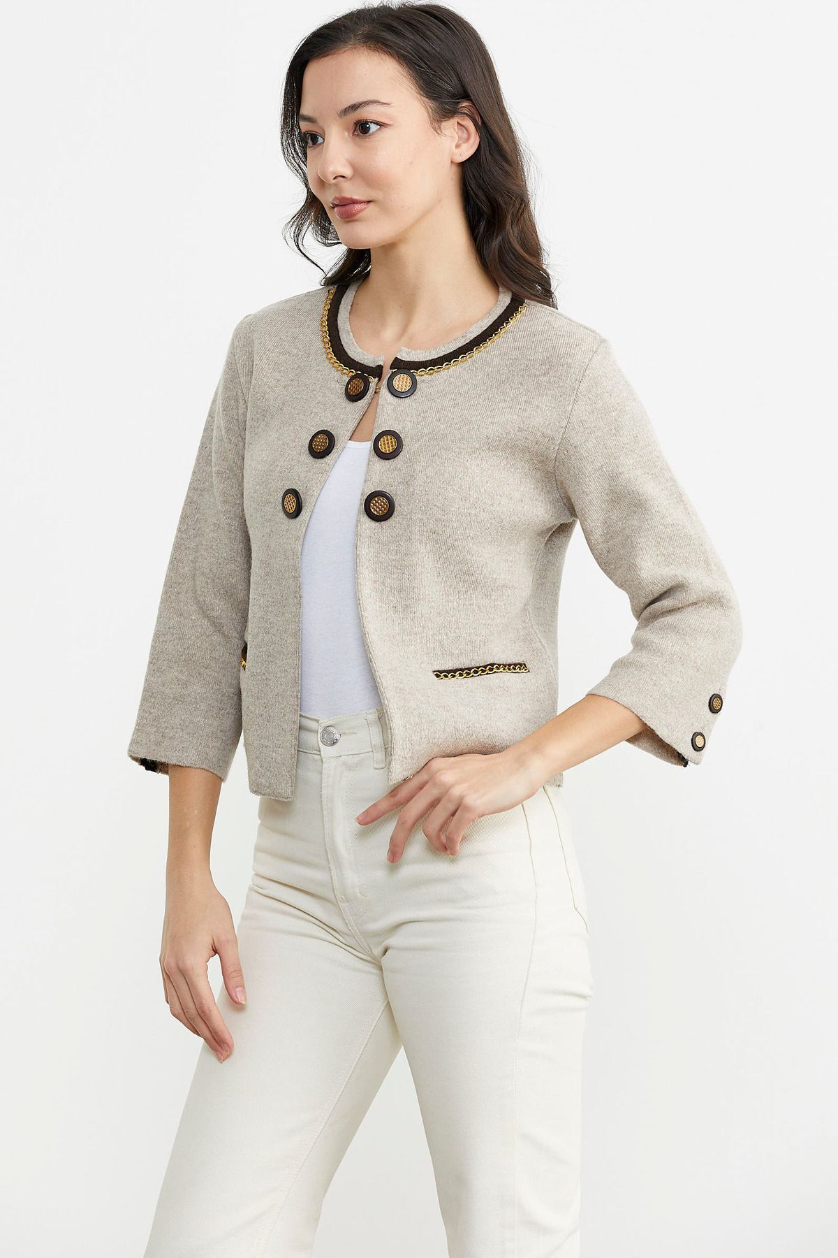 Sementa  Zincir Detaylı Kalın Yünlü Triko Ceket - Vizon - Kahverengi - Görsel 3