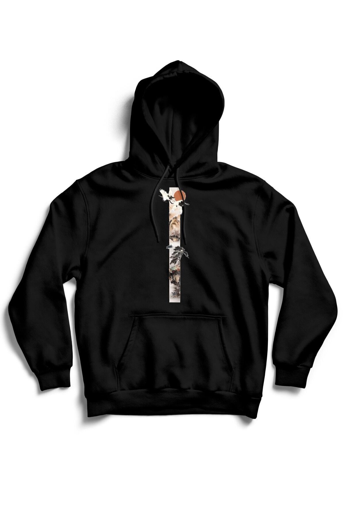 The Baski Hanorac De Înaltă Calitate Premium Cu Imprimeu Cu Macara De Mitologie Japoneză Negru Unisex Cu Buzunar Cangur Unisex - XS