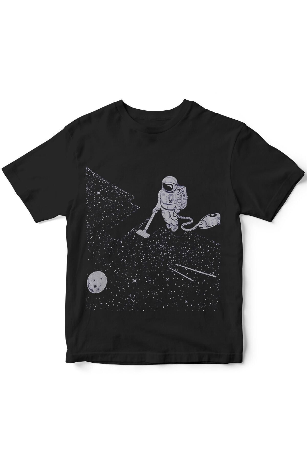 The Baski Tricou Negru Pentru Copii Cu Mânecă Scurtă Cu Imprimeu Astronaut Cu Mătură În Spațiu Unisex - 11-12 ani
