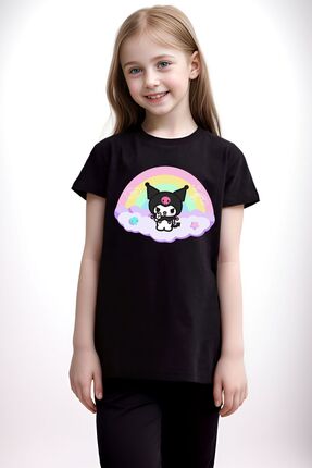 The Baski Kuromi Gökkuşağı Sevimli Baskılı Çocuk Genç %100 Pamuk Siyah Tişört