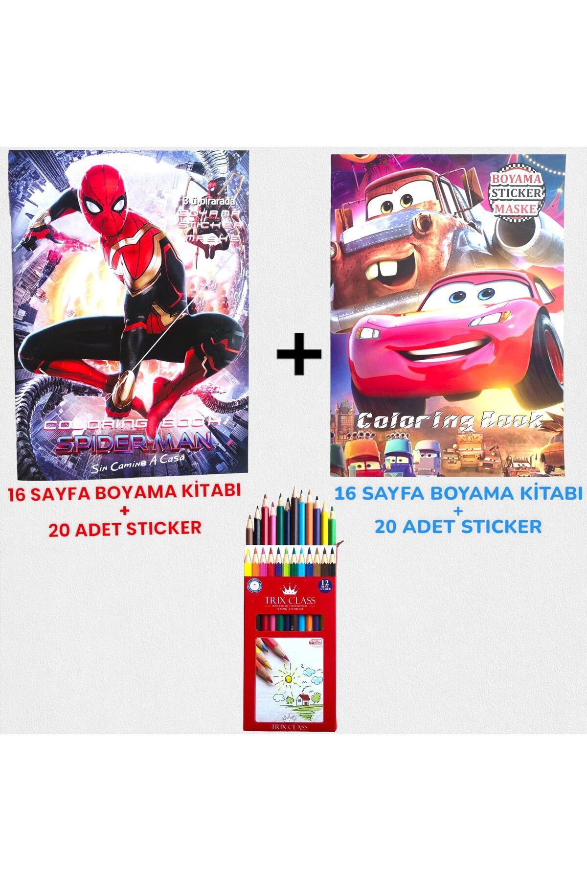 Hümasel Örümcek Adam & Şimşek Mcqueen Boyama Kitabı 40 Adet Stıcker 12 Li Kuru Boya Kalemi Seti