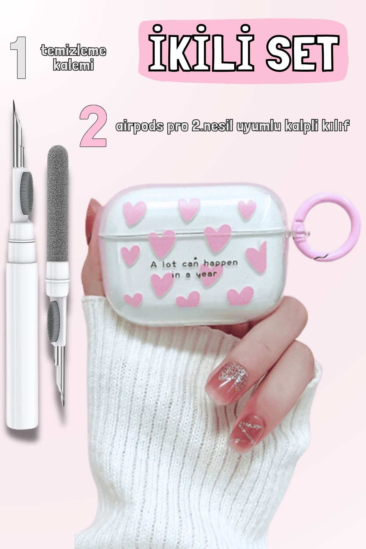 Duo Set | Pro 2. Generation Compatible Pink Heart Patterned Case and 3-in-1 Headphone Cleaning Pen