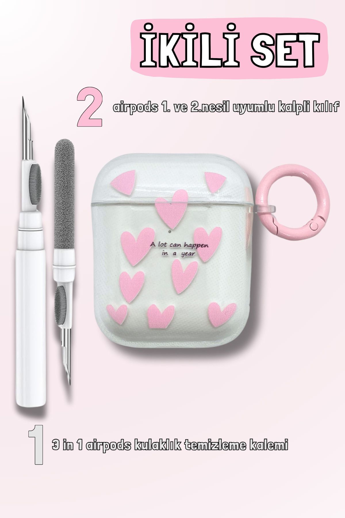 Duo Set | 1st and 2nd Generation Compatible Pink Heart Patterned Case and 3-in-1 Headphone Cleaning Pen