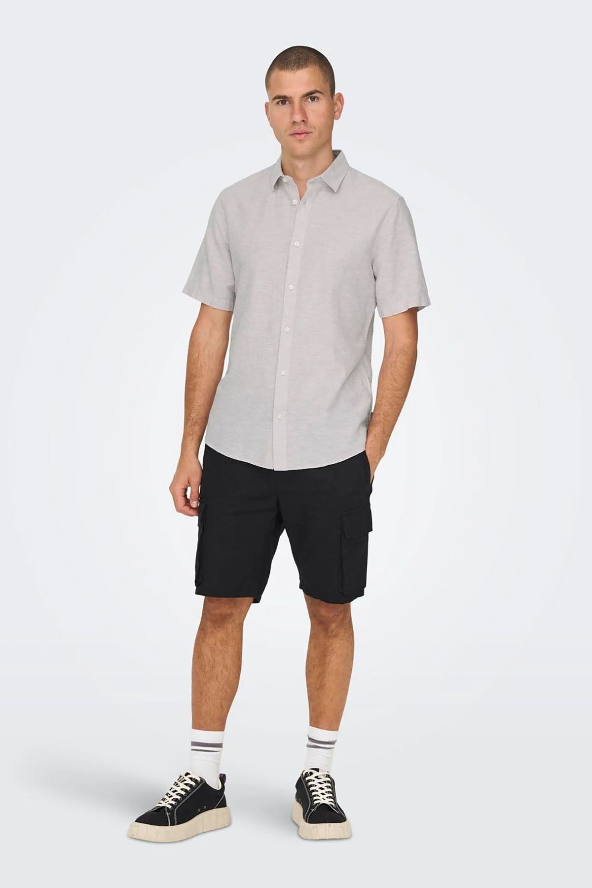 پیراهن کتانی آستین کوتاه مردانه Onscaiden Slim Fit 22009885 یاسی Only & Sons
