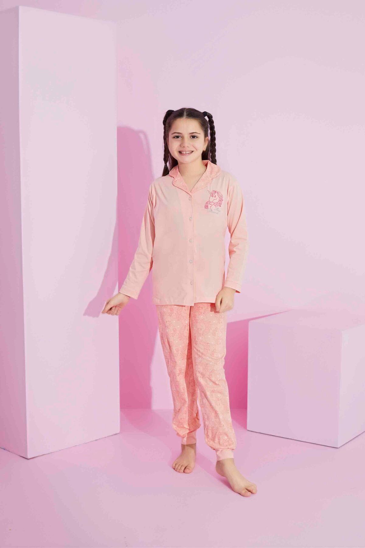 Tarık-Saisonales Pyjama-Set für Mädchen und Kinder mit Knopfleiste vorne und langen Ärmeln aus Lycra gekämmter Baumwolle 2
