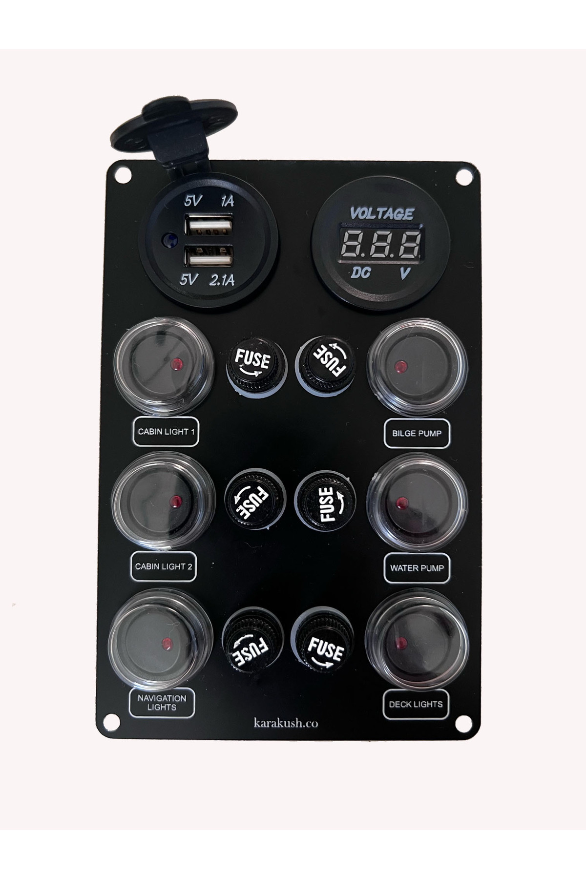 karakush Tekne-Karavan 6lı Sigorta Paneli - Switch Panel (Usb ve Voltmetre) 12/24V 150MM X 100MM