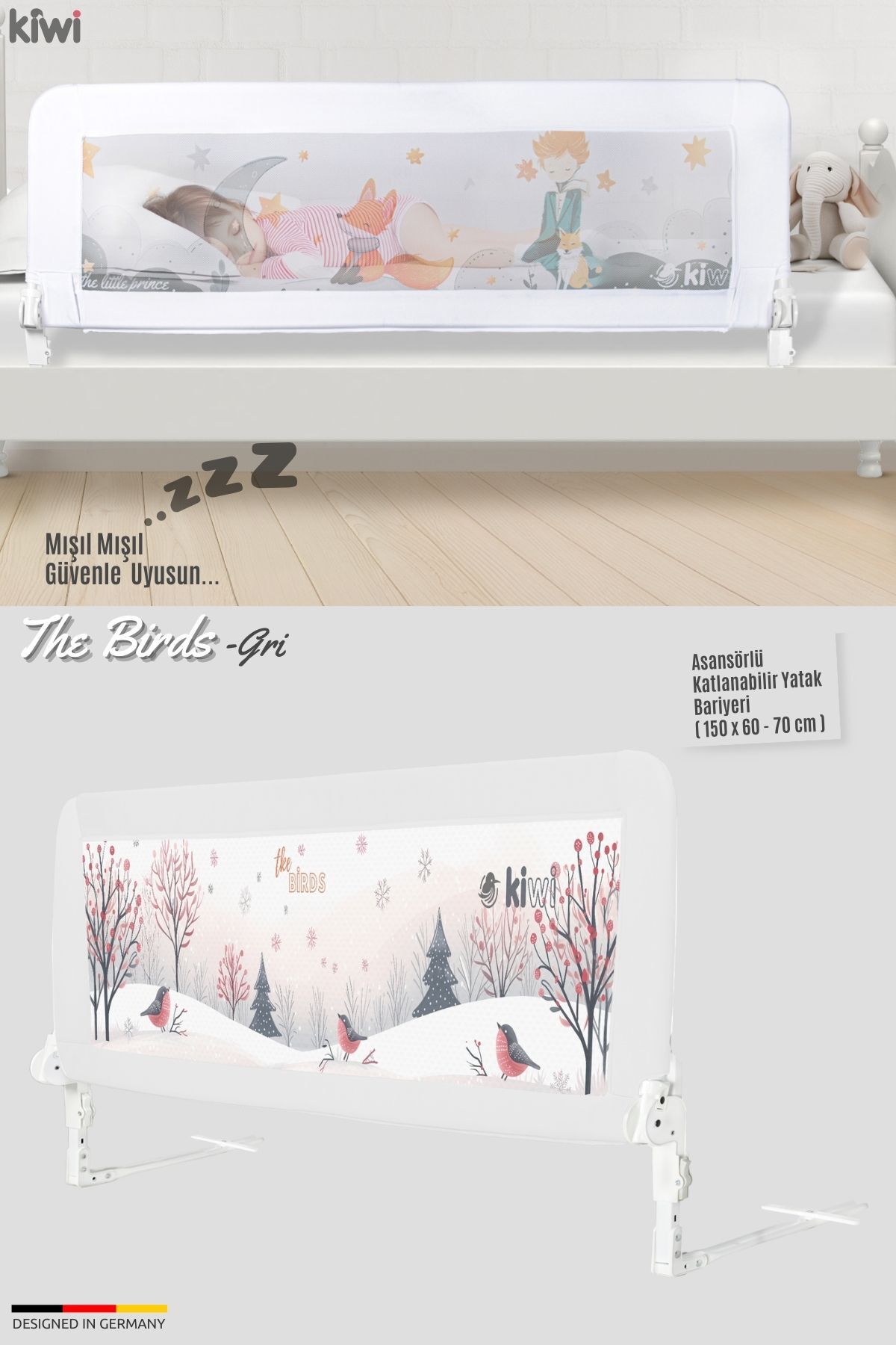 Kiwi Bed Guard Asansörlü, Gri Renk, Kuş Desenli, Çocuk Yatak Koruyucu 150x60-70 cm