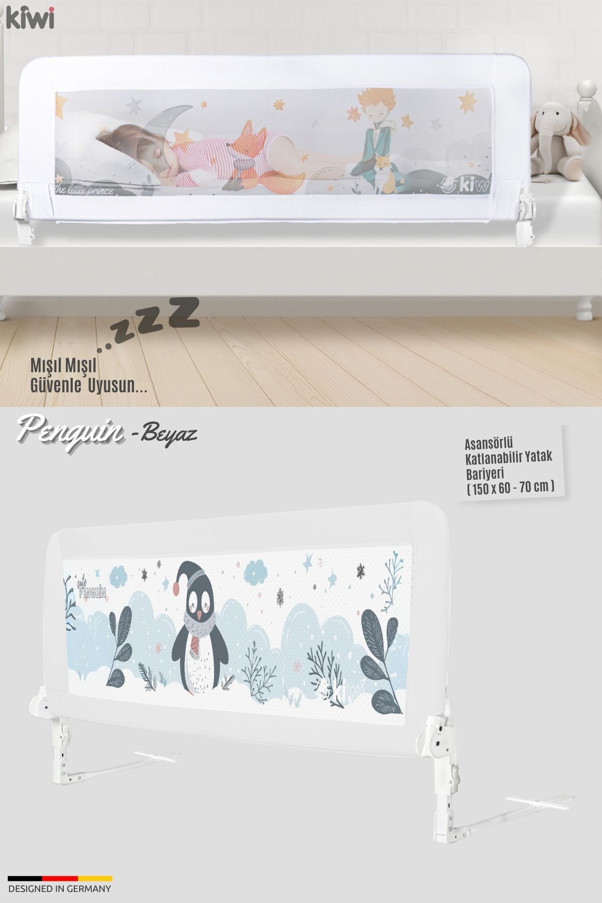 Kiwi White Penguin Patterned Bed Guard with Elevator 150x60 70 cm Bed Edge Protection Trendyol