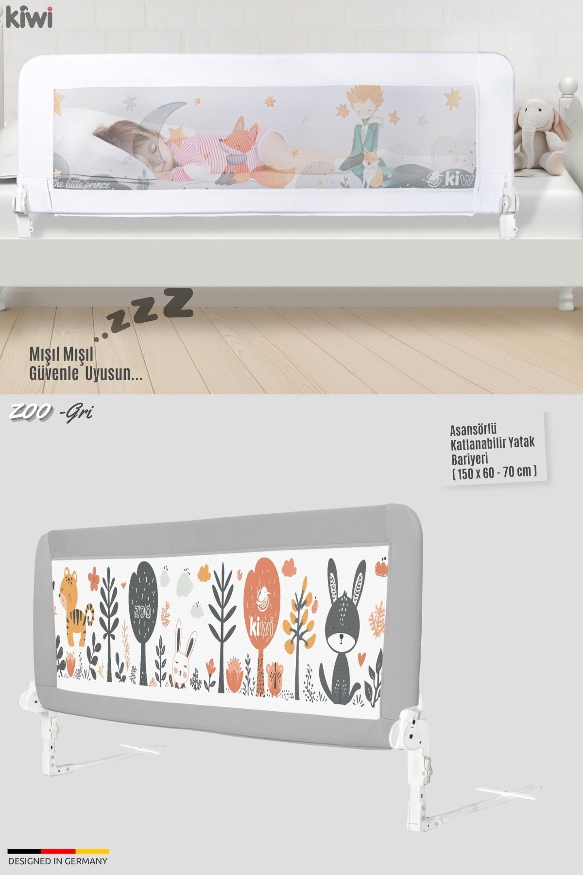 Kiwi Bed Guard Asansörlü, Gri Renk, Hayvanat Bahçesi Desenli, Bebek Güvenlik Bariyeri 150x60-70 cm