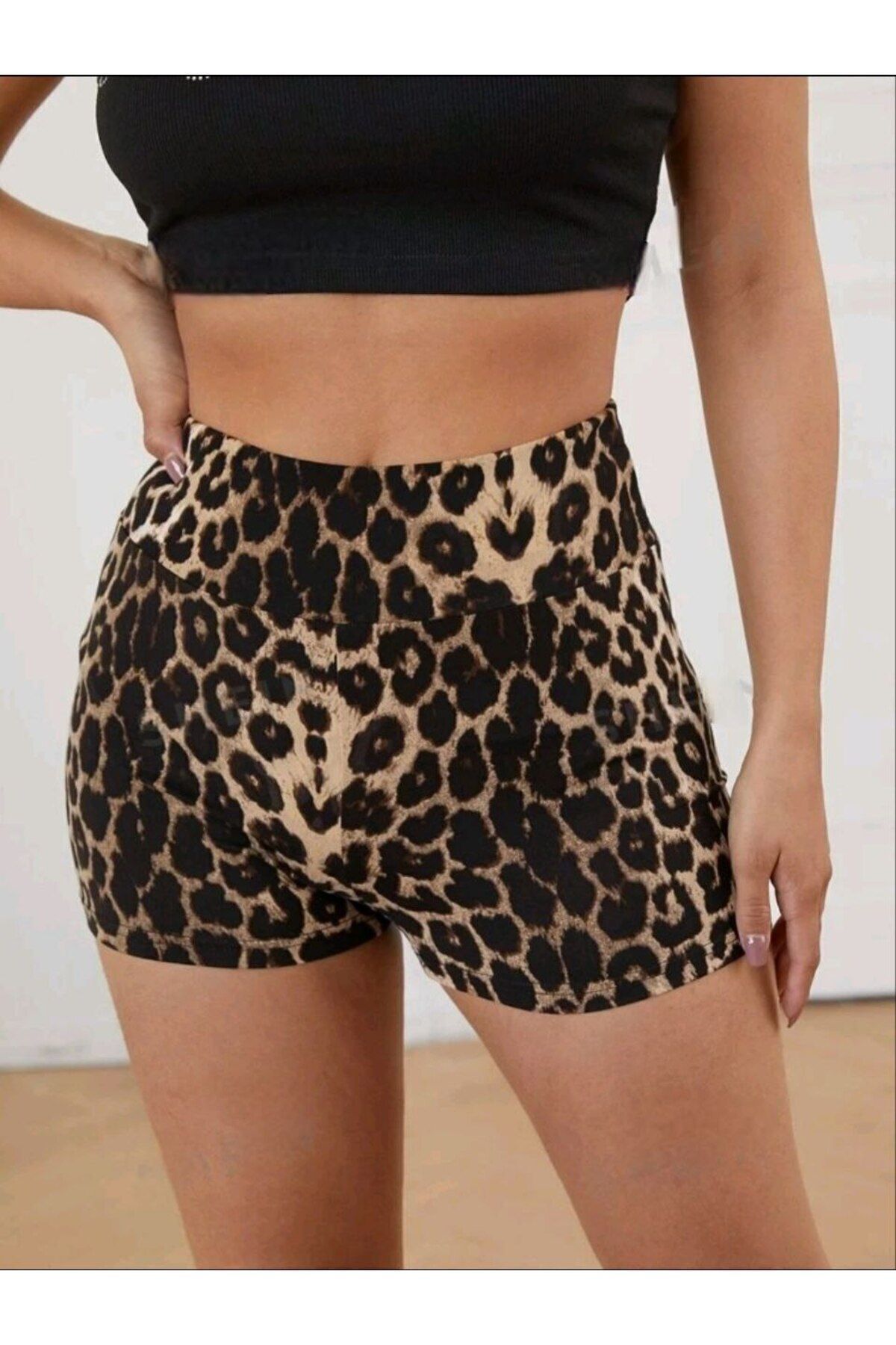 LEMAR MODA-Ψηλόμεσο γυναικείο αθλητικό σορτς Lycra - Basic Mini Shorts Leopard Print 5010 4