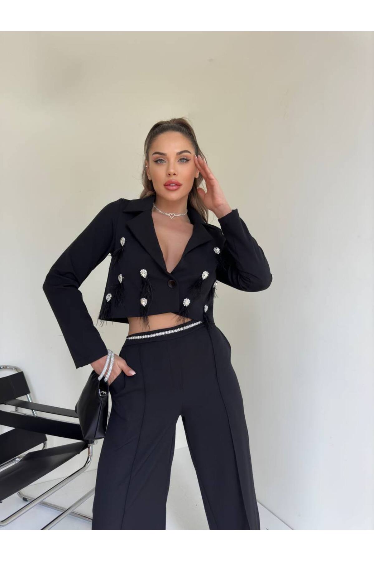 Women's Black Imported Fabric Tassel Detail Jacket Waist Chain Belted Pants Design Bottom-Top Set