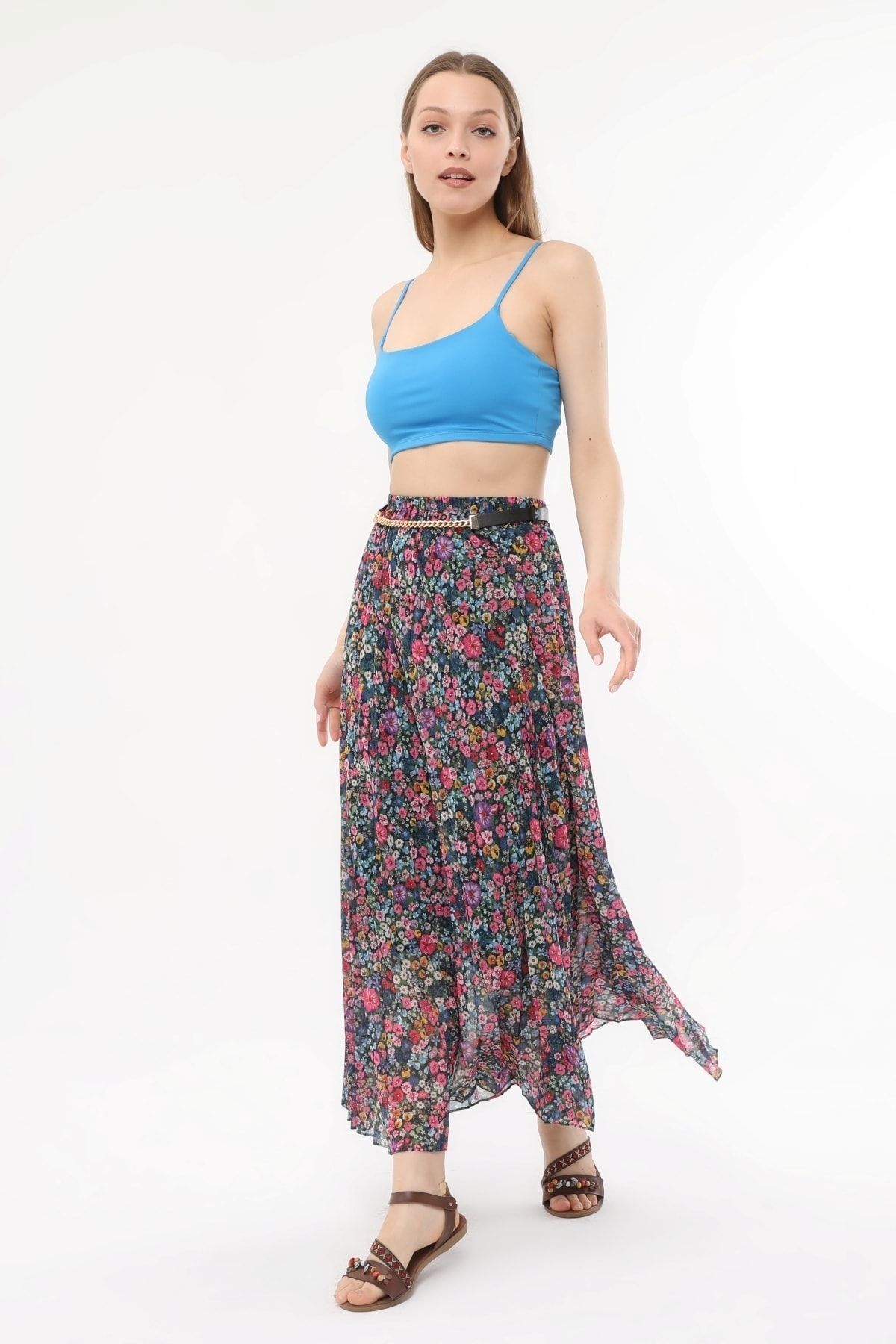 sehatex-Pleated Chiffon Skirt - Patterned, Elastic Waist and Lined Qys 6