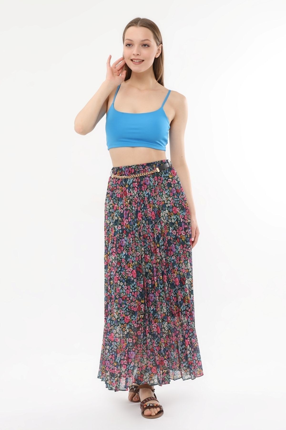 sehatex-Pleated Chiffon Skirt - Patterned, Elastic Waist and Lined Qys 5