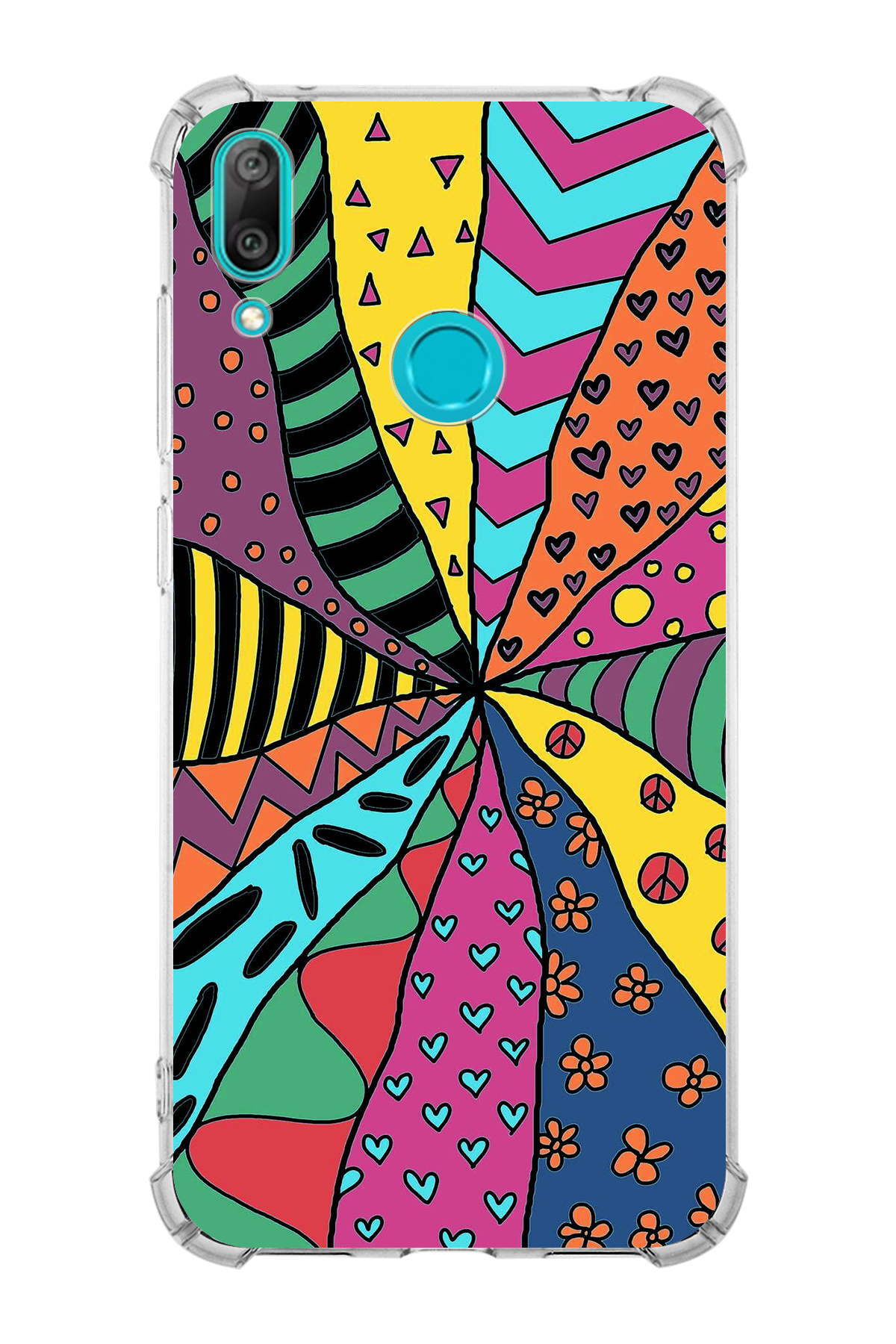 Huawei Y7 2019 Uyumlu Retro Color 4 Baskılı Şeffaf Köşe Korumalı Antişok Kılıf