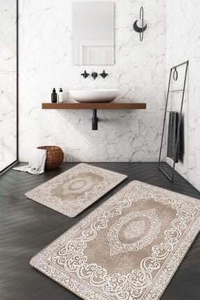 Klasik Halı Motif Kahverengi Beyaz Banyo Paspası PS-PS-775