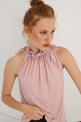 Cool & Sexy Kadın Pudra Yakası Fırfırlı Kolsuz Bluz BTH01