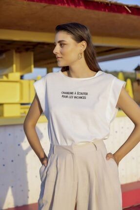 New Mission Slogan Nakışlı Vatka Detaylı Beyaz T-shirt T501