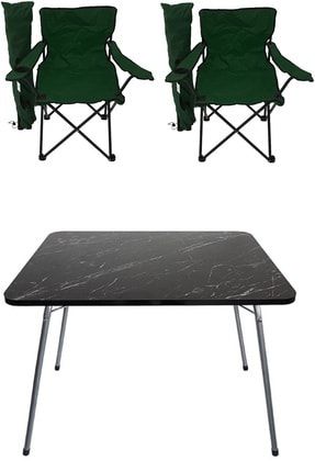 60x80 Granit Katlanır Masa + 2 Adet Kamp Sandalyesi Katlanır Sandalye Piknik Plaj Sandalyesi Yeşil BfgGM+2R
