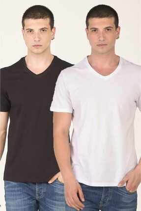 %100 Pamuk Basic 2'li Erkek T-shirt Siyah/beyaz MCE21SMTST3016