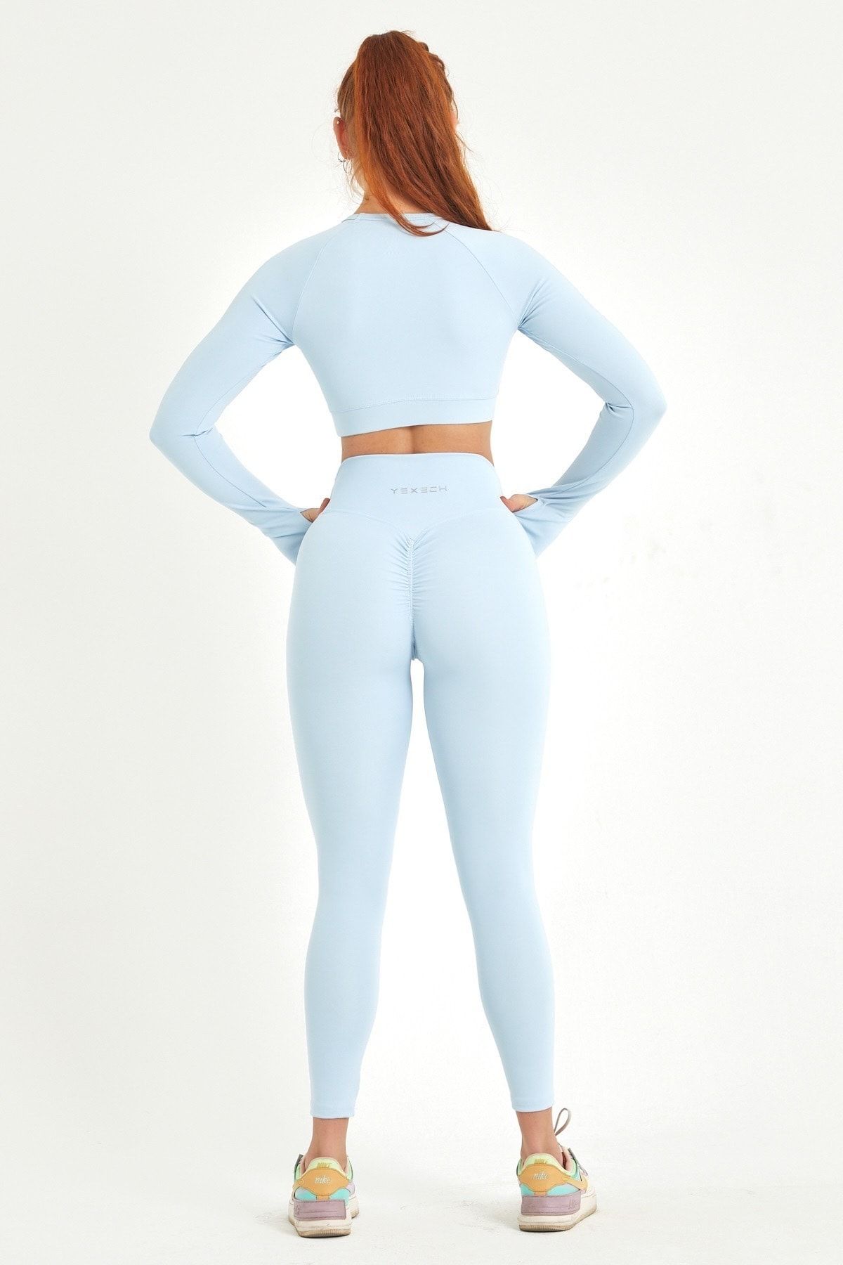 YEXECH Kadın Buz Mavi Büzgülü Spor Tayt Rise Leggings BY8286